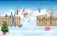 небо, арт, рисунок, деревья, новый год, зима, вектор, забор, графика, снеговик, шапка, лыжи, рождество, сугробы, горшок, шарф