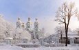 небо, деревья, снег, храм, зима, ветки, иней, город, забор, улица, ограждение, россия, церковь, архитектура, санкт-петербург