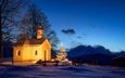 ночь, горы, снег, природа, елка, зима, пейзаж, церковь, рождество, германия, освещение, гармиш-партенкирхен
