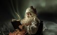ночь, зима, очки, северное сияние, рождество, книга, санта клаус, борода, читает