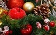 новый год, елка, шары, хвоя, ветки, иней, шарики, ягоды, яблоко, шишка, плоды, праздник, рождество