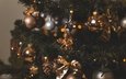 новый год, елка, шары, хвоя, ветки, шарики, ангел, темный фон, праздник, рождество, гирлянда, позолота