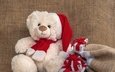 новый год, зима, медведь, подарки, белый, мишка, игрушка, тедди, плюшевый, праздник, рождество, медвежонок, мешковина, бантики, шарфик