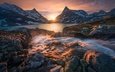 озеро, горы, закат, ручей, норвегия, scandinavian mountains, скандинавские горы, ютунхеймен