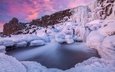 река, скалы, зима, лёд, исландия, national park thingvellir, замерзший водопад