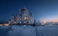 снег, храм, закат, зима, собор, россия, следы, крест, монастырь, купола, белая гора