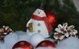 снег, новый год, елка, шары, хвоя, игрушка, снеговик, шарики, праздник, рождество, шишки, книга, шляпа, фигурка, шарф