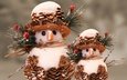 снег, новый год, хвоя, снеговик, парочка, игрушки, ягоды, праздник, рождество, шишки, снеговики, шляпка