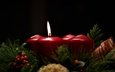 свечи, новый год, хвоя, пламя, черный фон, свеча, праздник, рождество, новогодние украшения
