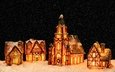 свет, огни, снег, новый год, замок, домики, дома, темный фон, игрушки, праздник, рождество, снегопад