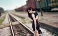 железная дорога, девушка, поезд, черное платье