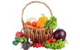 белый фон, овощи, корзинка, помидоры, перец, огурцы, редис