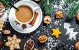 новый год, орехи, корица, чашка, печенье, выпечка, какао, горячий шоколад