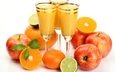 напиток, фрукты, яблоки, апельсин, лайм, бокалы, сок