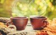 кофе, чашки, боке, мешковина, осенние листья