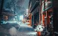 вечер, снег, зима, город, улица, здания, снегопад, josh hild