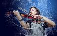 девушка, скрипка, музыка, руки, музыкальный инструмент, капли воды, смычок