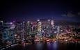 ночь, огни, вид сверху, город, побережье, азия, небоскребы, здания, сингапур