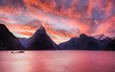небо, облака, озеро, горы, закат, новая зеландия, милфорд саунд, sunset in milford sound