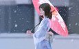 снег, зонт, зонтик, азиатка, размытый фон, юката, bao song yuan
