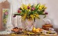 цветы, фрукты, зеркало, тюльпаны, ваза, чайник, выпечка, натюрморт, груши, шкатулка, занавеска, мимоза, валентина колова