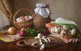 грибы, стол, лук, корзина, овощи, посуда, нож, кувшин, морковь, натюрморт, капуста