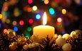новый год, пламя, зима, огонь, шарики, свеча, праздник, рождество, шишки, огоньки