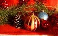 новый год, шары, хвоя, зима, ветки, красные, шарики, блеск, игрушки, шишка, праздник, рождество, мишура