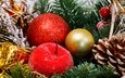 новый год, шары, хвоя, зима, ветки, красные, шарики, шишка, праздник, рождество, позолота