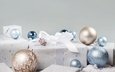 новый год, шары, зима, подарки, шарики, белые, голубые, подарок, праздник, рождество, коробка, бант, коробки