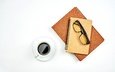 очки, кофе, блюдце, белый фон, чашка, тетрадь, блокнот