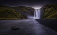 река, скалы, водопад, исландия, скоугафосс