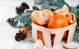 снег, новый год, украшения, рождество, мандарины, ветки ели