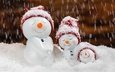 снег, новый год, зима, улыбка, снеговик, фигурки, игрушки, семья, праздник, рождество, снеговики, снегопад, шапочки