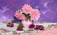 стол, букет, розовые, ваза, салфетка, натюрморт, мазки, георгины, сиреневый фон