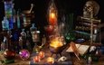 свечи, книги, весы, череп, магия, пузырьки, перо, хеллоуин, колбы, колдовство, ступка