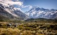 трава, облака, горы, снег, пейзаж, новая зеландия, горные вершины