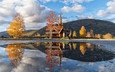 облака, горы, природа, отражение, осень, церковь, норвегия, vestlandet