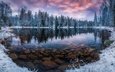 небо, облака, деревья, озеро, снег, природа, камни, лес, зима, пасмурно, финляндия