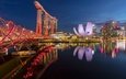 отражение, мост, залив, ночной город, здания, сингапур, marina bay sands, марина-бэй, helix bridge