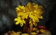 листья, яблоки, осень, предметы, стол, темный фон, букет, ягоды, плоды, ваза, желтые, натюрморт, кленовые, мешковина, композиция, осенний