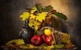 листья, фрукты, яблоки, осень, предметы, красные, стол, темный фон, букет, вино, бутылка, желтые, натюрморт, кленовые, композиция, осенний