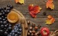 листья, орехи, виноград, фрукты, осень, клен, мед, фундук, специи