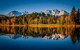 озеро, горы, лес, отражение, осень, австрия, альпы, тироль
