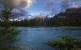 река, горы, природа, закат, пейзаж, леса, канада, альберта, bow river, боу