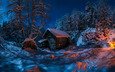 ночь, деревья, снег, лес, костёр, избушка, хижина, финляндия, myllykoski, мюллюкоски