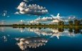 облака, деревья, река, отражение, африка, намибия, река окаванго, okavango river, полоса каприви, caprivi strip