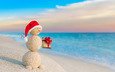 новый год, море, песок, пляж, снеговик, рождество, xmas, декорация, счастливого рождества, довольная