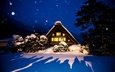 свет, деревья, вечер, снег, природа, зима, пейзаж, япония, дом, тени, село, сиракава-го