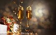 новый год, бокалы, подарок, праздник, коробка, шампанское